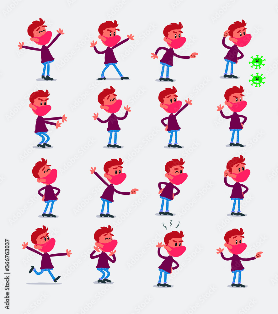 Cartoon character  young man dressed casually with mask and virus COVID in smart casual style. Set with different postures, attitudes and poses, doing different activities in isolated vector illustrat