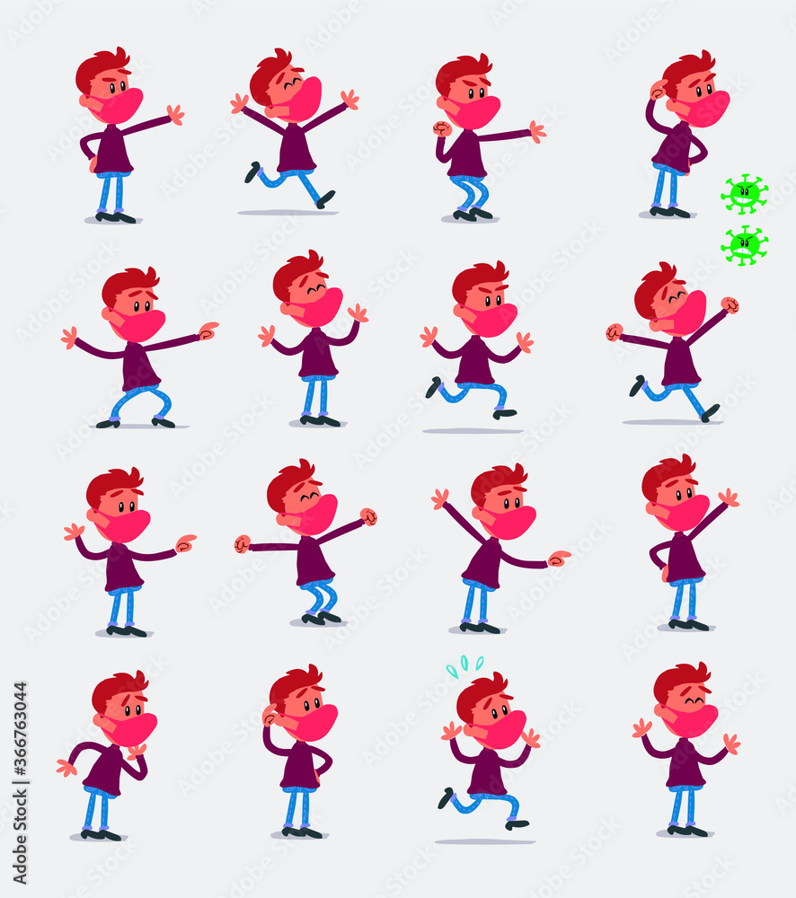 Cartoon character young man dressed casually with mask and virus COVID in smart casual style. Set with different postures, attitudes and poses, doing different activities in isolated vector illustrat Cartoon character young man dressed casually with mask and virus COVID in smart casual style. Set with different postures, attitudes and poses, doing different activities in isolated vector illustrat