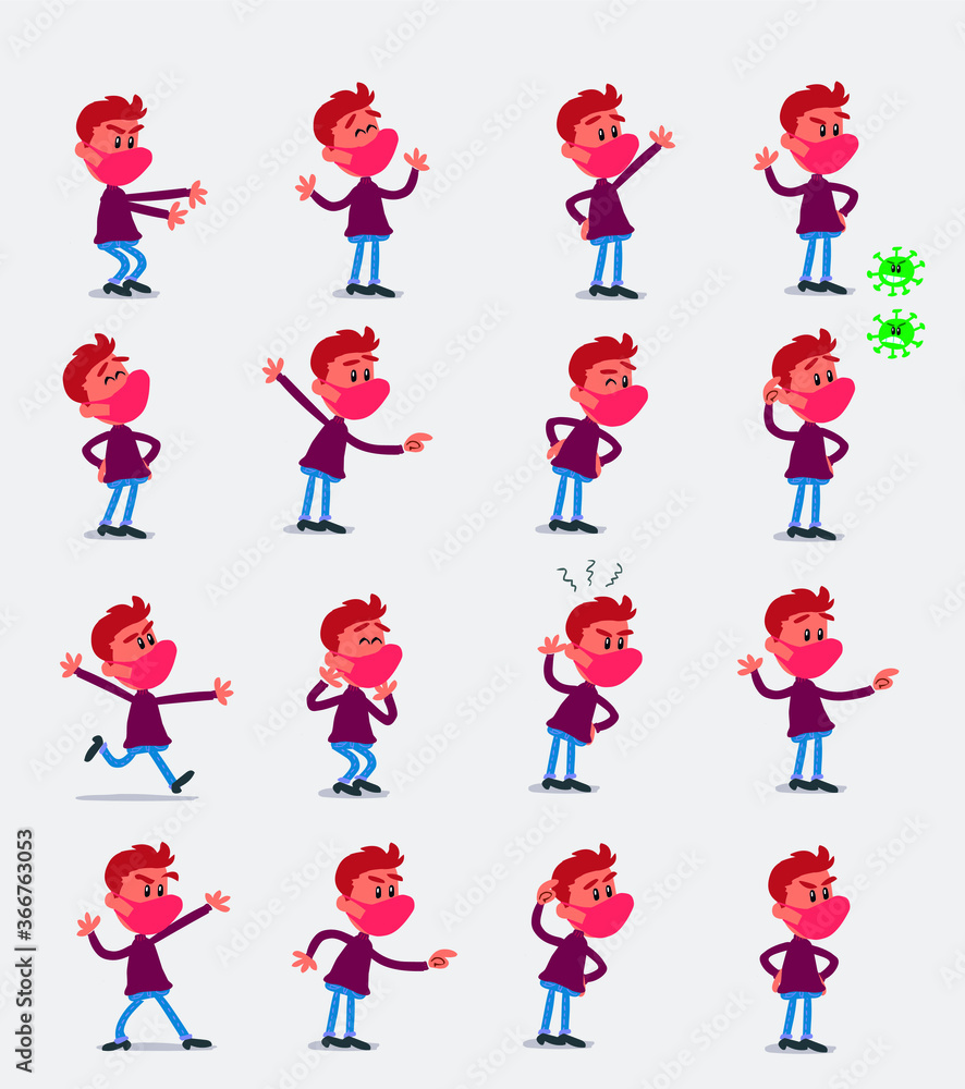 Cartoon character  young man dressed casually with mask and virus COVID in smart casual style. Set with different postures, attitudes and poses, doing different activities in isolated vector illustrat