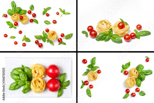 Photo set with cherry tomatoes, pasta and basil leaves on a white isolated background. Copy space, flat lay. Fresh food.