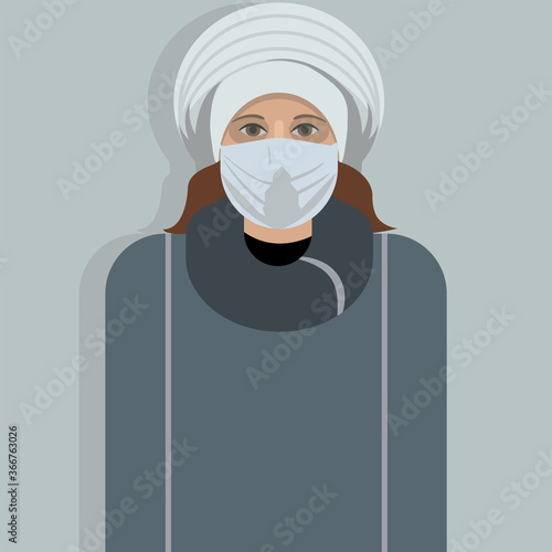 Girl in a medical mask.
Half-length portrait, flat multicolor image of a woman in warm clothes and face protection.