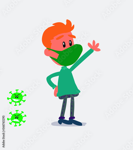  young man dressed casually  with mask and virus COVID explaining something while pointing
