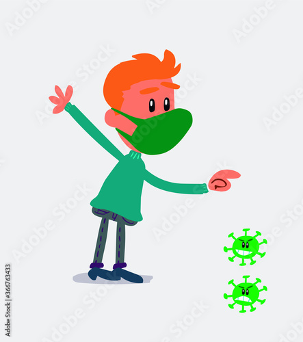  young man dressed casually  with mask and virus COVID pointing at something outraged
