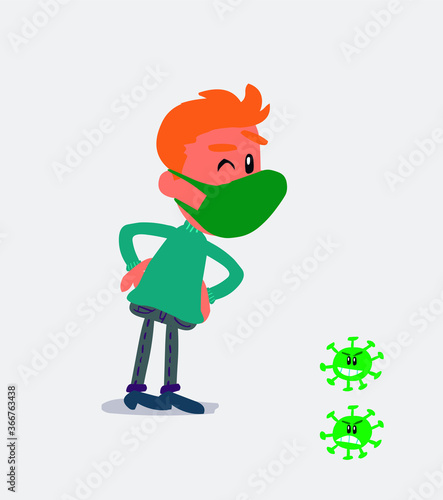  young man dressed casually  with mask and virus COVID suspecting something wrong
