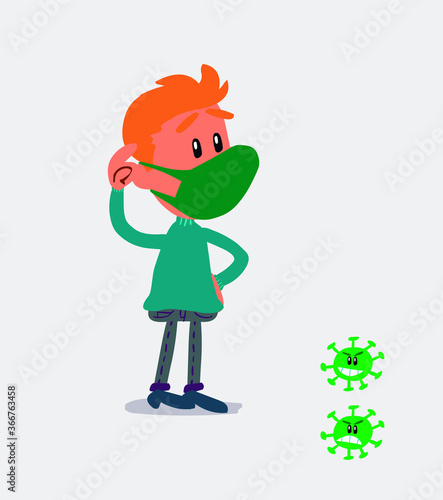 Thoughtful  young man dressed casually  with mask and virus COVID scratching his head
