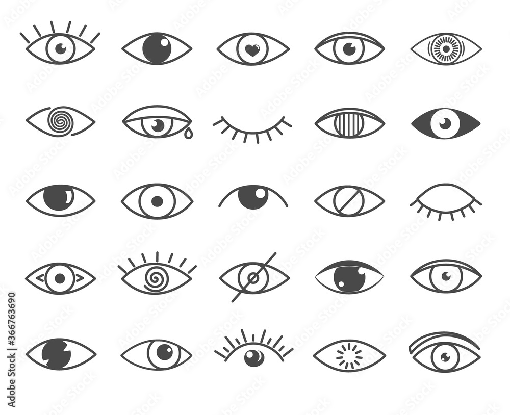 Set of black and white outline eye icons. Open and closed eyes images, sleeping eye shapes with eyelash, vector supervision and searching signs Set of black and white outline eye icons. Open and closed eyes images, sleeping eye shapes with eyelash, vector supervision and searching signs
