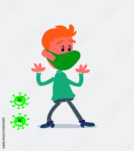 Pleasantly surprised  young man dressed casually  with mask and virus COVID 
