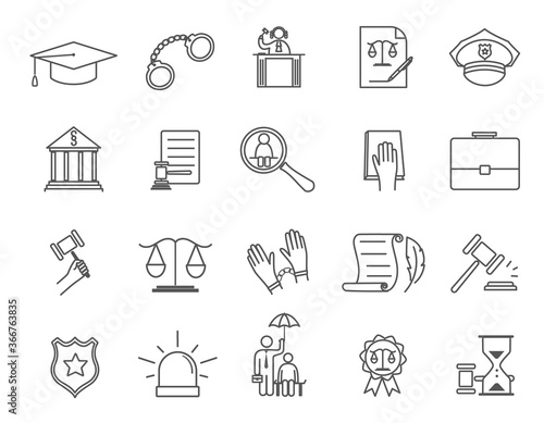 Large set of line drawn black and white vector icons for law enforcement, courtroom, punishment and justice for use as design elements