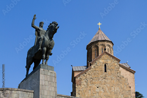 Metekhi Church and the statue of King Vahtang Gorgasali, in Tbilisi, Georgia.