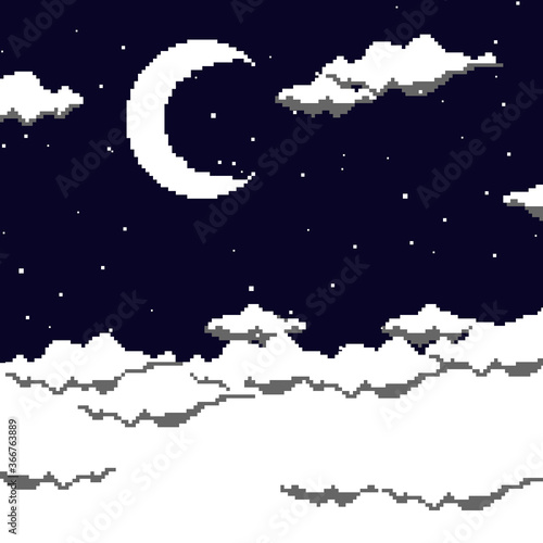 Vector pixel art of 80s Retro sci-Fi background. Pixel moon and stars and clouds. Pixel art background. 8bit