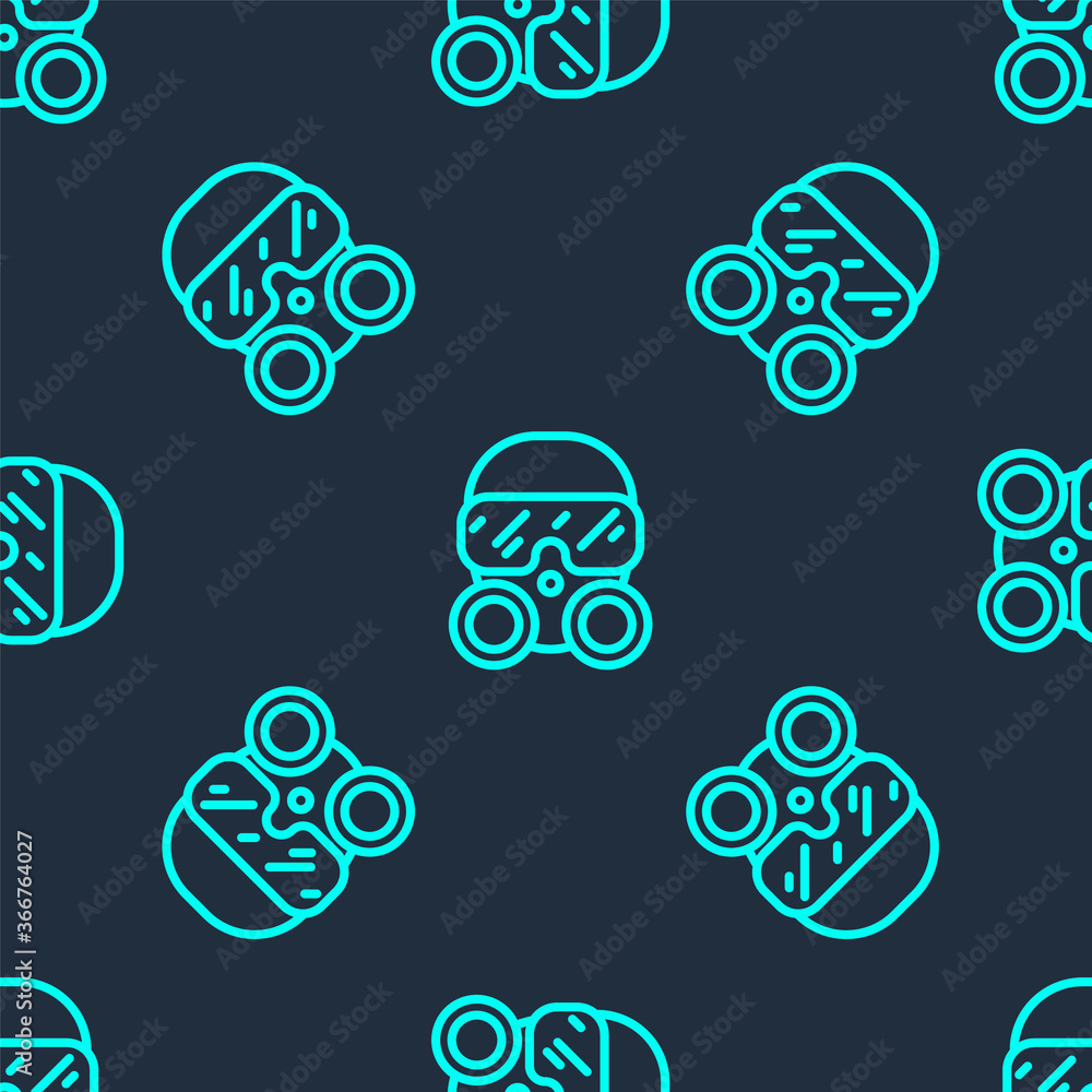 Green line Gas mask icon isolated seamless pattern on blue background. Respirator sign. Vector. Green line Gas mask icon isolated seamless pattern on blue background. Respirator sign. Vector.
