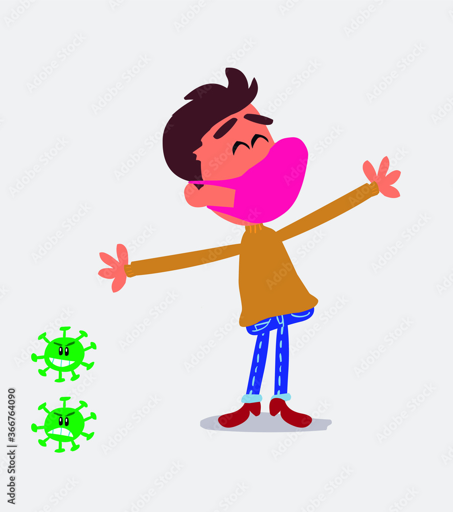 young man dressed casually with mask and virus COVID opening arms very happy
young man dressed casually with mask and virus COVID opening arms very happy
