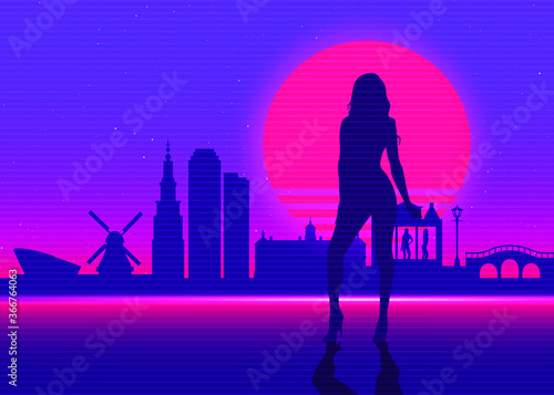 Amsterdam Skyline Landscape in Retro Style