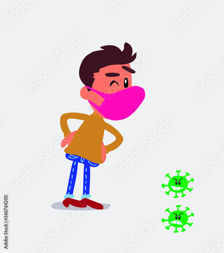  young man dressed casually  with mask and virus COVID suspecting something wrong
