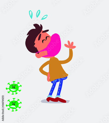  young man dressed casually with mask and virus COVID laughing happily 