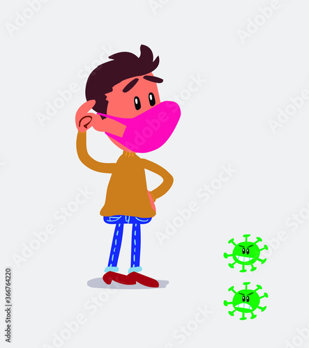 Thoughtful  young man dressed casually  with mask and virus COVID scratching his head

