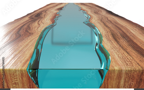 Live edge wooden table with epoxy resin on a white background. 3D rendering photo