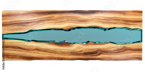 Live edge wooden table with epoxy resin on a white background. 3D rendering
