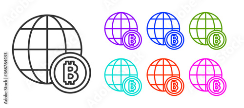 Black line Globe and cryptocurrency coin Bitcoin icon isolated on white background. Physical bit coin. Blockchain based secure crypto currency. Set icons colorful. Vector.