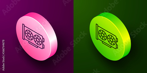 Isometric line Video graphic card icon isolated on purple and green background. Circle button. Vector.