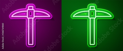 Glowing neon line Pickaxe icon isolated on purple and green background. Blockchain technology, cryptocurrency mining, bitcoin, digital money market, cryptocoin wallet. Vector.