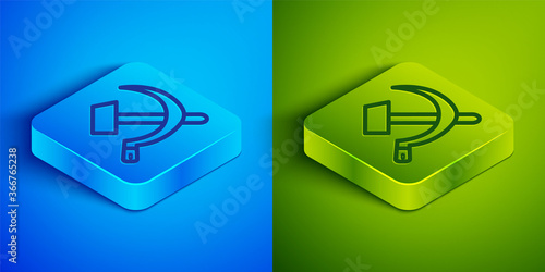 Isometric line Hammer and sickle USSR icon isolated on blue and green background. Symbol Soviet Union. Square button. Vector.