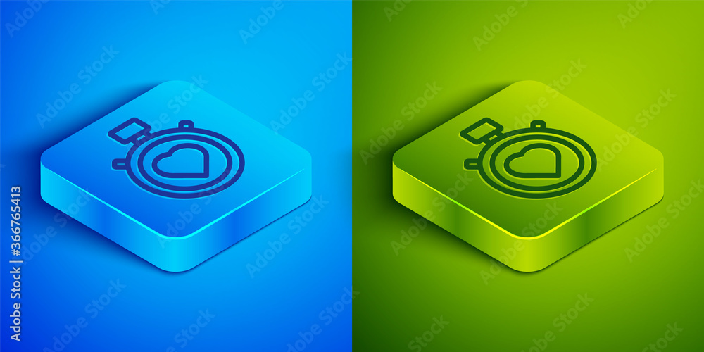 Isometric line Heart in the center stopwatch icon isolated on blue and green background. Valentines day. Square button. Vector. Isometric line Heart in the center stopwatch icon isolated on blue and green background. Valentines day. Square button. Vector.