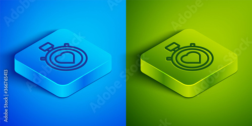 Isometric line Heart in the center stopwatch icon isolated on blue and green background. Valentines day. Square button. Vector.