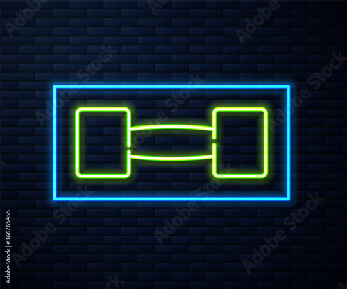 Glowing neon line Dumbbell icon isolated on brick wall background. Muscle lifting icon, fitness barbell, gym, sports equipment, exercise bumbbell. Vector.