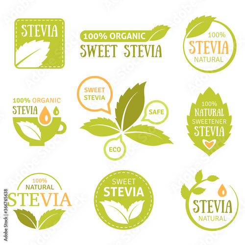 Vector set of stevia labels, logos, badges, icons. Natural sweetener design element. Organic stevia icon isolated. Eco safe stevia badge design. stock vector. Business signs, brand identity template.