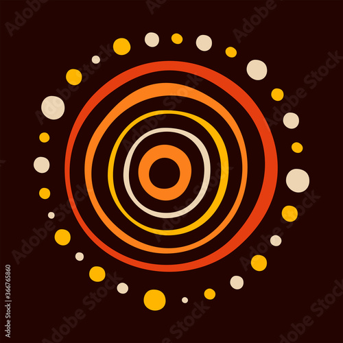 Stylized sun. Australian art. Aboriginal painting style. Smooth round shapes, circles isolated on dark background. Doodle sketch style. Minimalistic graphic print. Vector color illustration.