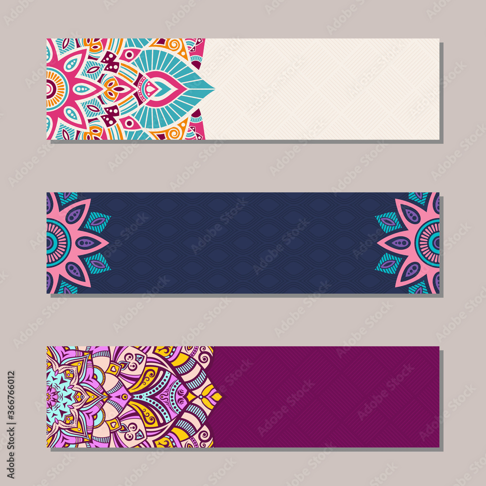 Vector set 3 banners with traditional indian ornaments, lace orient mandala. Decorative elements. Ethnic Mandala ornament. Islam, Arabic, Indian, ottoman motifs. Color illustration. Vector set 3 banners with traditional indian ornaments, lace orient mandala. Decorative elements. Ethnic Mandala ornament. Islam, Arabic, Indian, ottoman motifs. Color illustration.