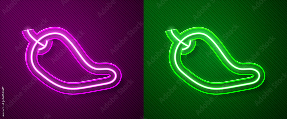 Glowing neon line Hot chili pepper pod icon isolated on purple and green background. Design for grocery, culinary products, seasoning and spice package, cooking book. Vector. Glowing neon line Hot chili pepper pod icon isolated on purple and green background. Design for grocery, culinary products, seasoning and spice package, cooking book. Vector.