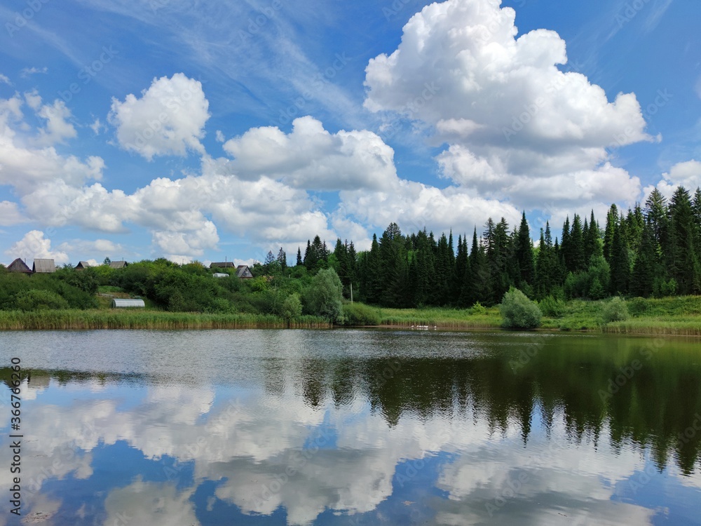 Fototapeta premium green shore of the lake near the village against the blue sky with clouds on a sunny day