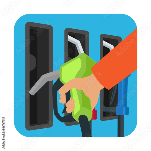 hand holding gasoline pistol pump fuel nozzle. vector illustration