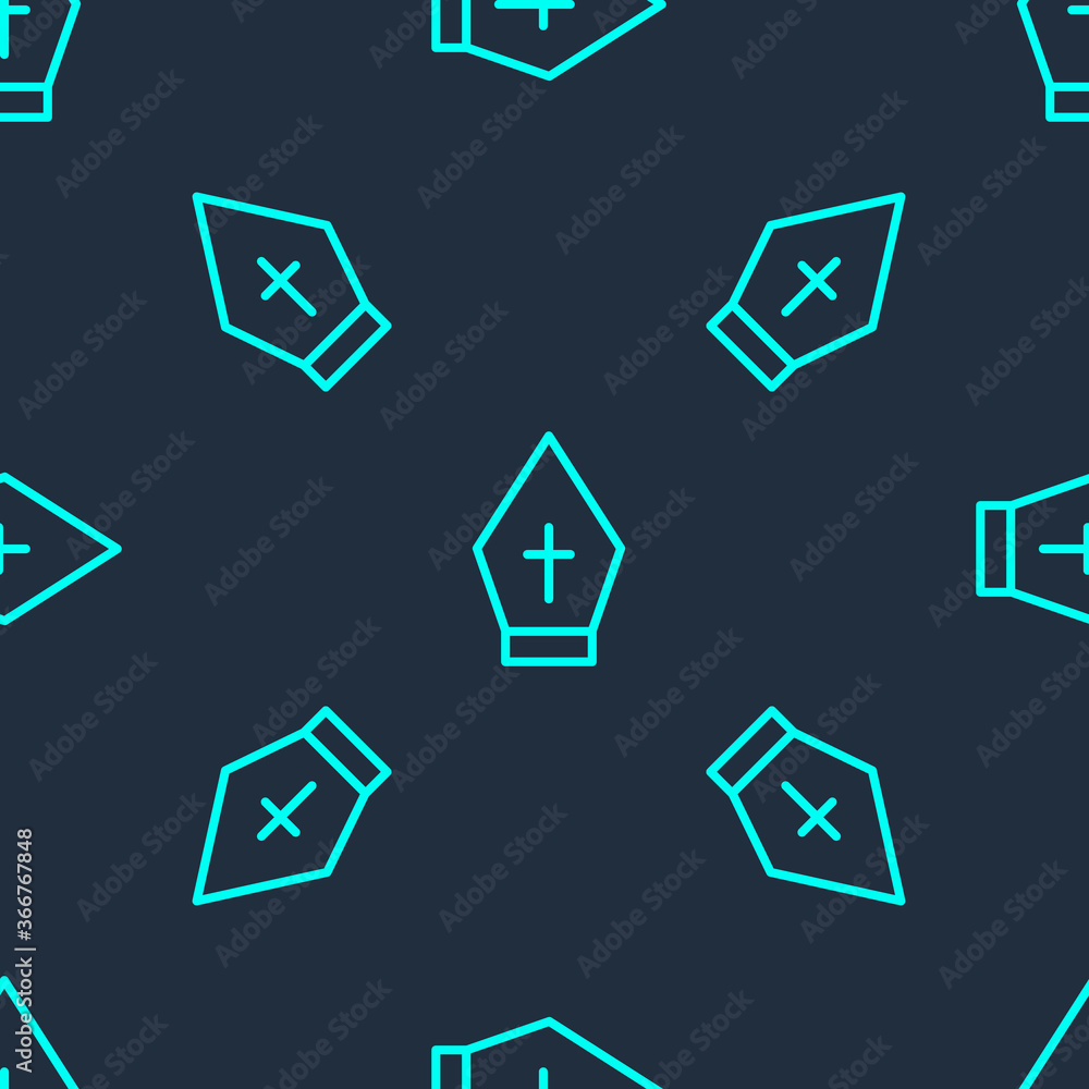 Green line Pope hat icon isolated seamless pattern on blue background. Christian hat sign. Vector. Green line Pope hat icon isolated seamless pattern on blue background. Christian hat sign. Vector.