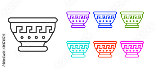 Black line Greek ancient bowl icon isolated on white background. Antique amphora with patterns collection. Ancient Greece bowl. Set icons colorful. Vector.