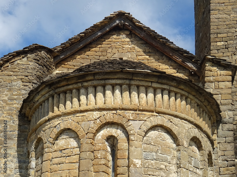 View of the semicircular apse of the Romanesque Church of San Martin in the village of Olivan. 11th century. Serrablo Region. Aragón. Spain. 