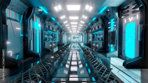 Blue sci-fi spaceship corridors Science background  interior room  photo