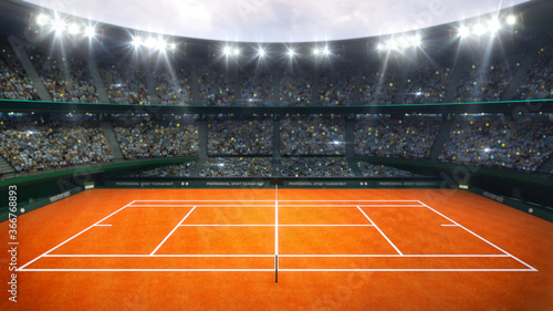 Fotografie Orange clay tennis court and illuminated outdoor arena with fans, upper side view, professional tennis sport 3d illustration background