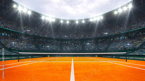 Orange clay tennis court and illuminated outdoor arena with fans, player front view, professional tennis sport 3d illustration background.