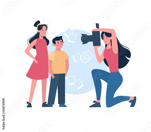 A mother takes pictures of her children. A woman photographs children on a camera with a flash, sister and brother pose for a photo. Cartoon characters. Vector, flat style isolated on white background