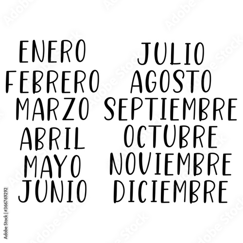 Meses del año con letras a mano. Enero, Febrero, Marzo, Abril, Mayo, Junio, Julio, Agosto, Septiembre, Octubre, Noviembre, diciembre. Lettering para calendario, organizador, planificador