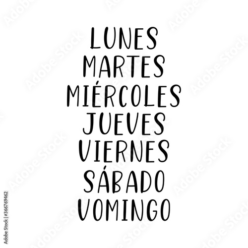 Días escritos a mano de la semana. Traducido: Lunes, Martes, Miércoles, Jueves, Viernes, Sábado, Domingo. Lettering para calendario, organizador, planificador.