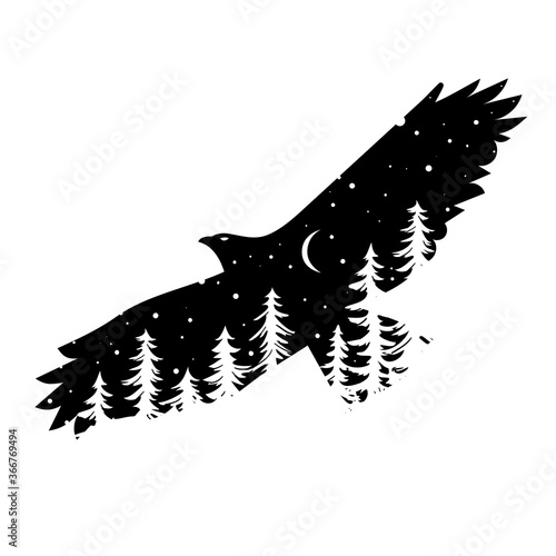 Silhouette of eagle with coniferous trees on the background of night sky with the moon