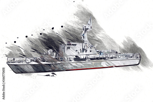 Wallpaper Mural Military ship goes through the rough atlantic sea illustration vintage retro art