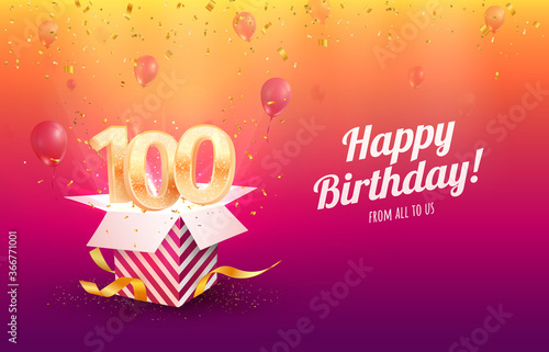 Celebrating 100th years birthday vector illustration. Hundred anniversary celebration background. Adult birth day. Open gift box with flying holiday numbers