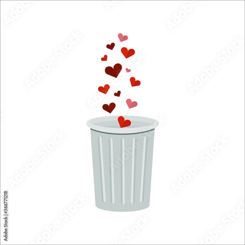 Hearts fall into the trash can. Vector illustration, flat cartoon color design, isolated on white background, eps 10.
