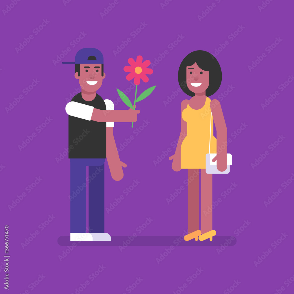 African American man giving flower to African American woman. Flat people African American man giving flower to African American woman. Flat people