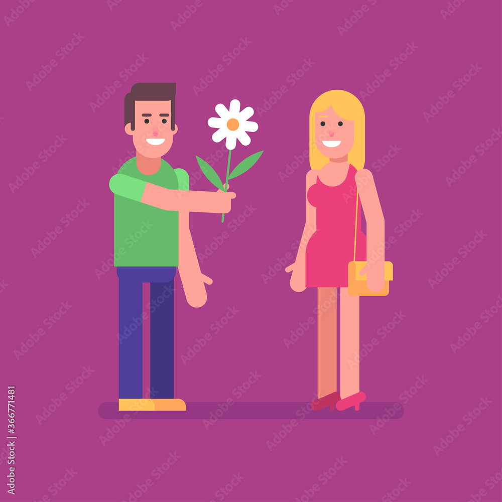 Man giving flower to woman and smile. Flat people Man giving flower to woman and smile. Flat people